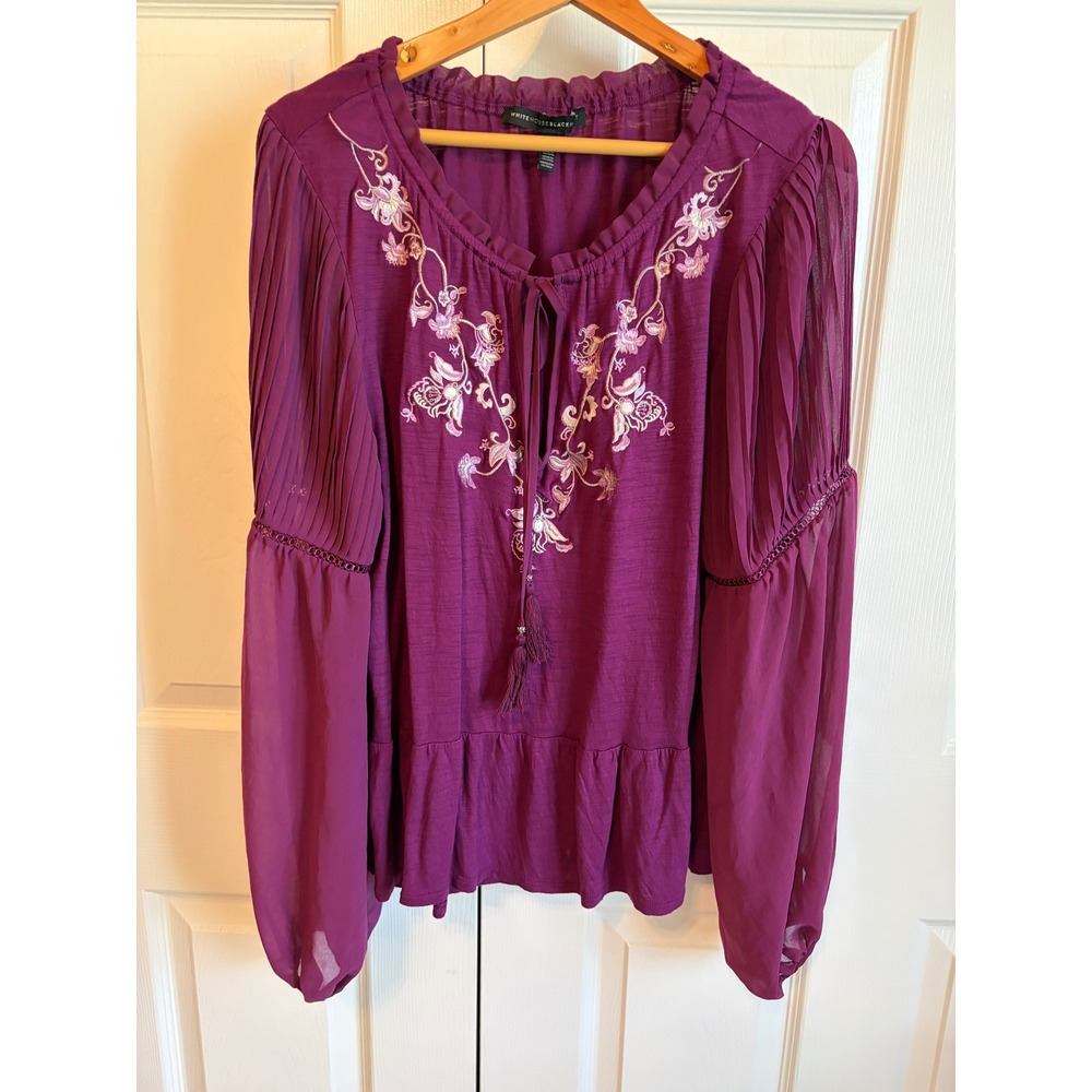 White House Black Market Purple Embroidered Pleated Sleeve Peasant Top XL